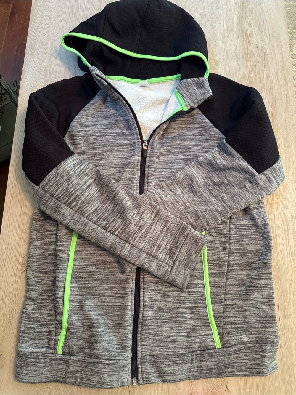 Old Navy Gray Heather & Black Hooded Zip-Up with Neon Green Trim
